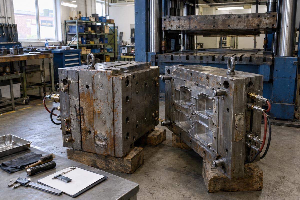 Transferred mould tool positioned beside press for compatibility and condition checks