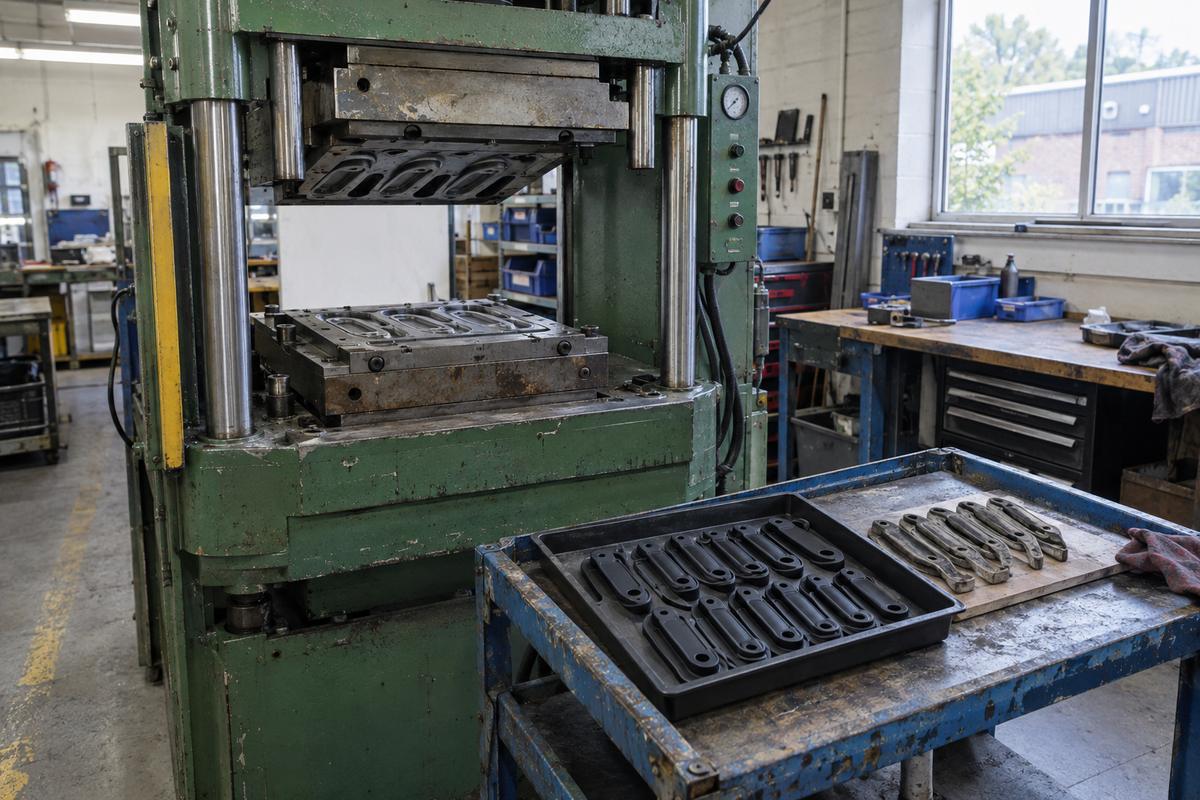 Mounted transferred tool with trial mouldings compared against reference samples