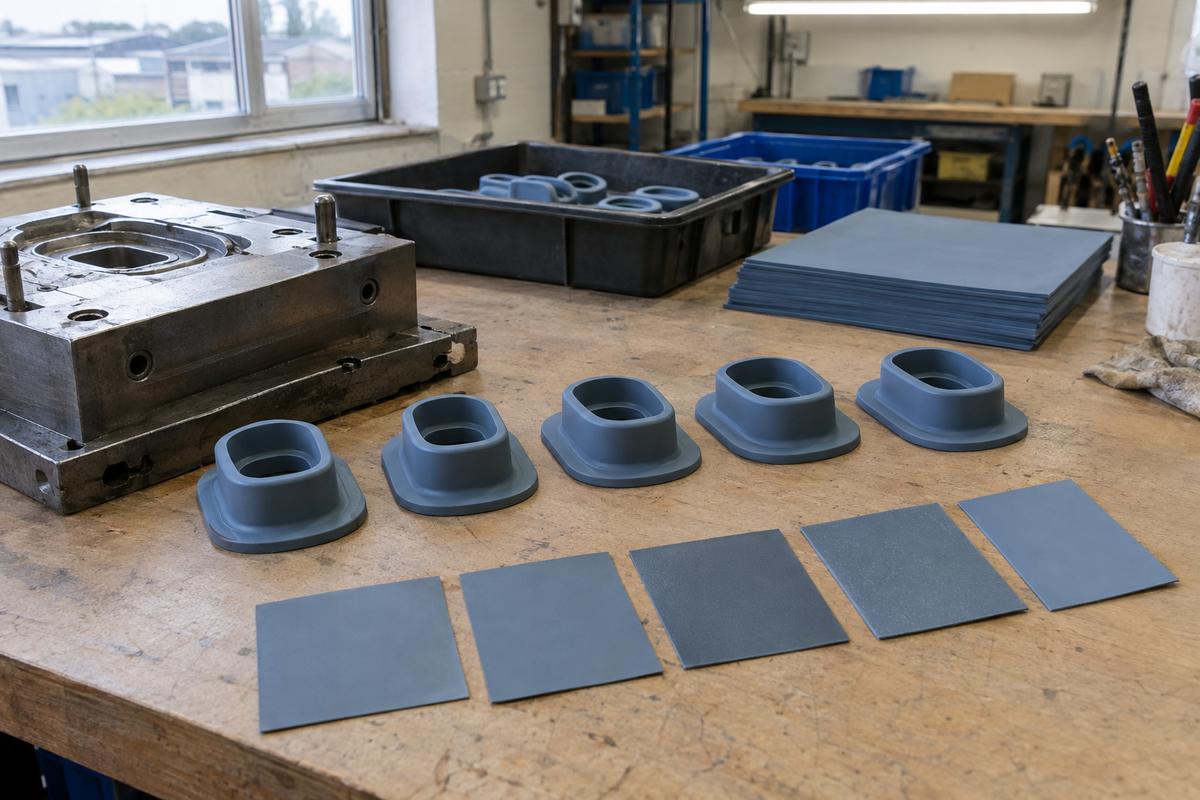 Retained silicone part samples and tool arranged to show batch continuity