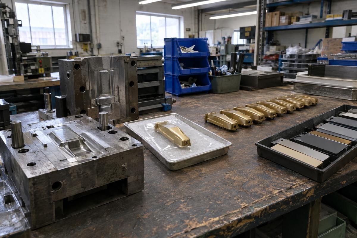 Golden sample and later batch parts lined up beside tool