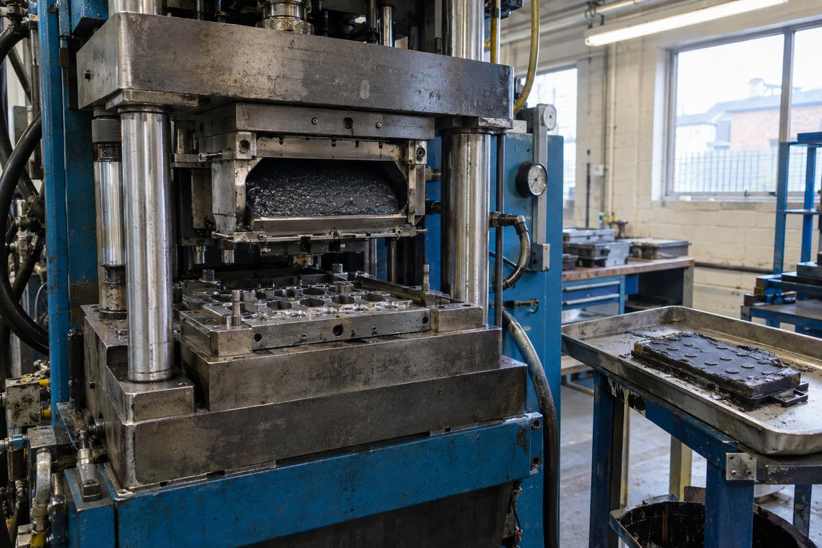 Transfer moulding press with charged pot and previous pot pad on tray