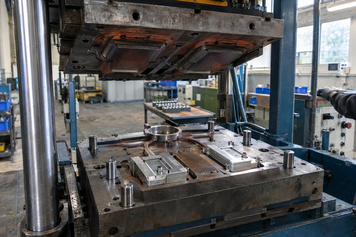 Open transfer moulding press with heated tool and inserts in place