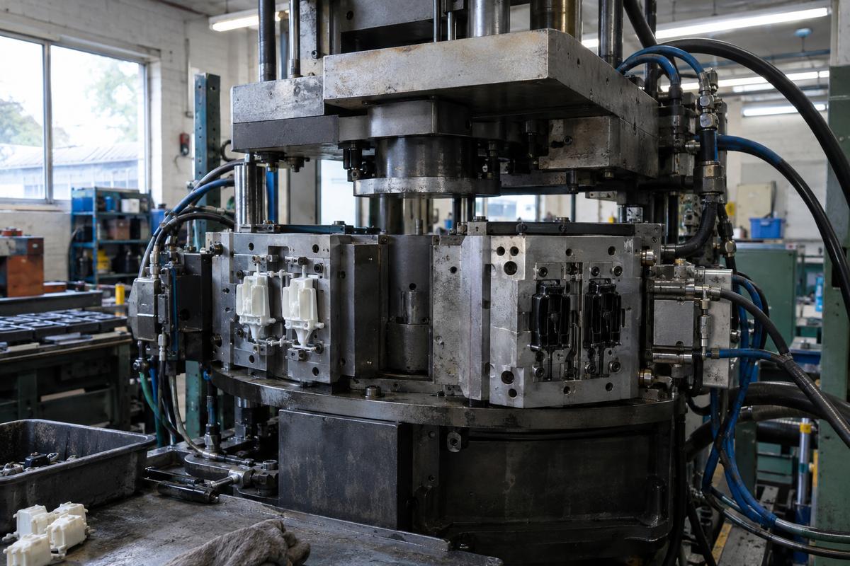 Side view of indexing two-shot mould tool during transfer stage