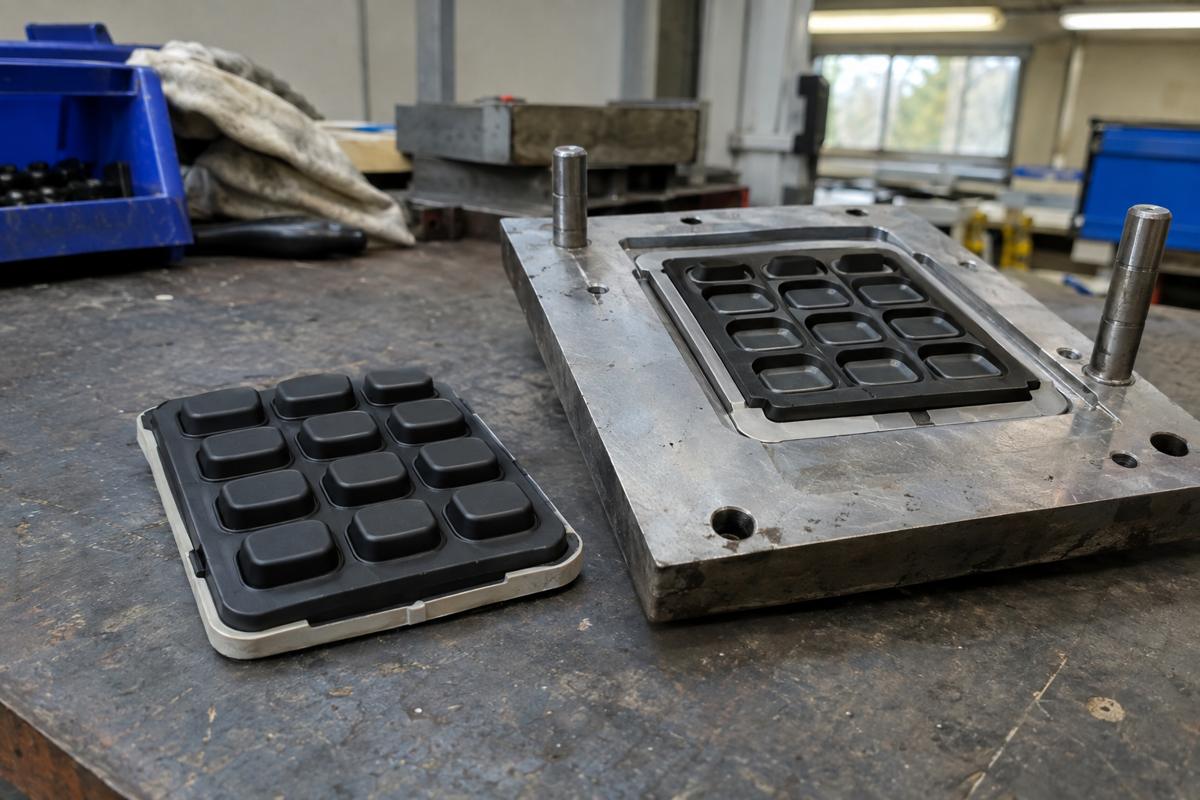 Black silicone keypad beside tool insert used for two-shot moulding