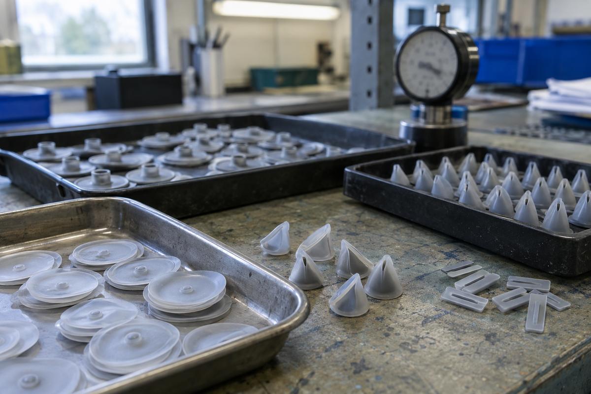Small silicone valves and diaphragms arranged for inspection