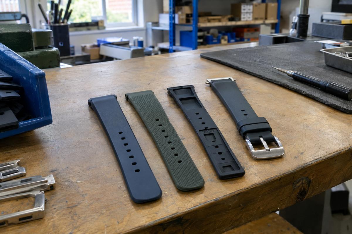 Different silicone watch straps with varied textures and hardware options