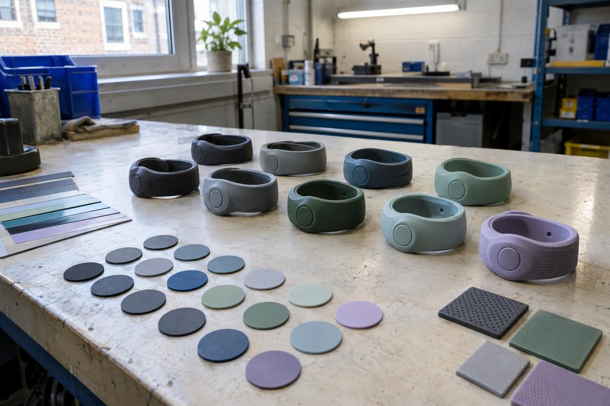 Wearable silicone sample parts in different colours and finishes