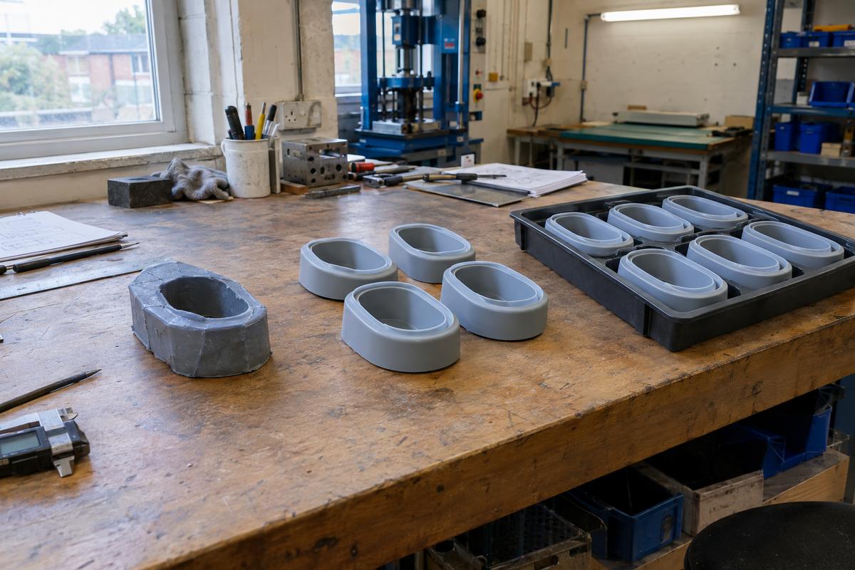 Concept sample, trial mouldings and finished consumer silicone parts