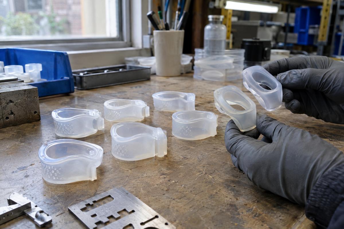 Different sample versions of a clear silicone wearable part on a bench