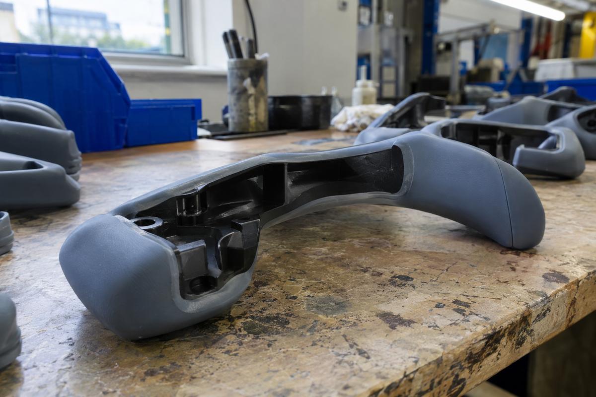 Close-up of wearable silicone overmoulded part with rigid inner frame exposed