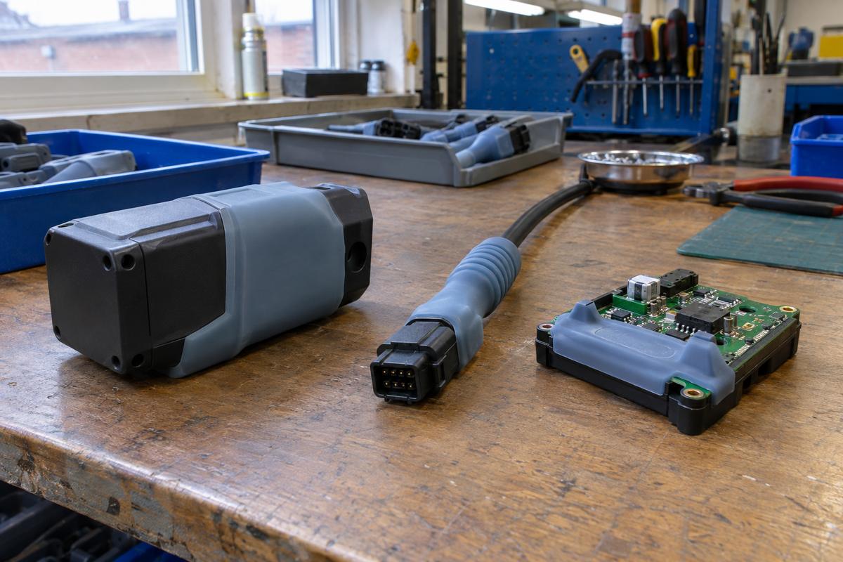 Overmoulded housing, cable strain relief and prepared insert components