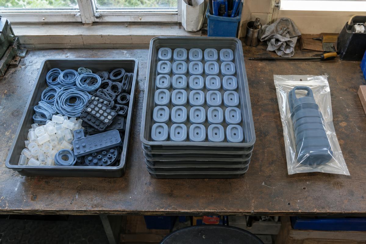 Three grouped outputs: loose components, repeat batches and packaged finished silicone products