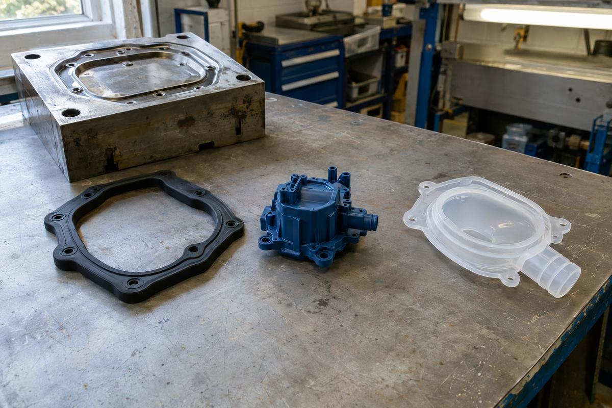 Comparison of silicone parts representing compression, injection and LSR moulding routes