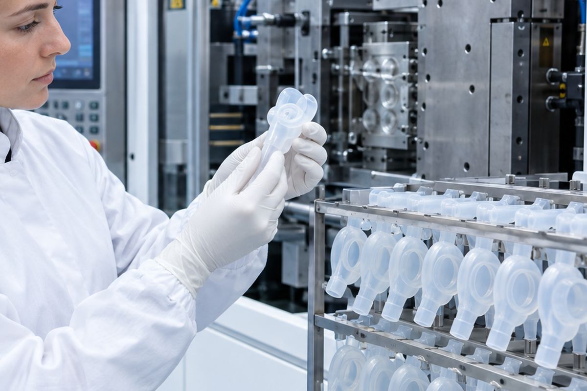 Detail: technician in cleanroom whites inspecting a clear LSR part beside an injection cell.