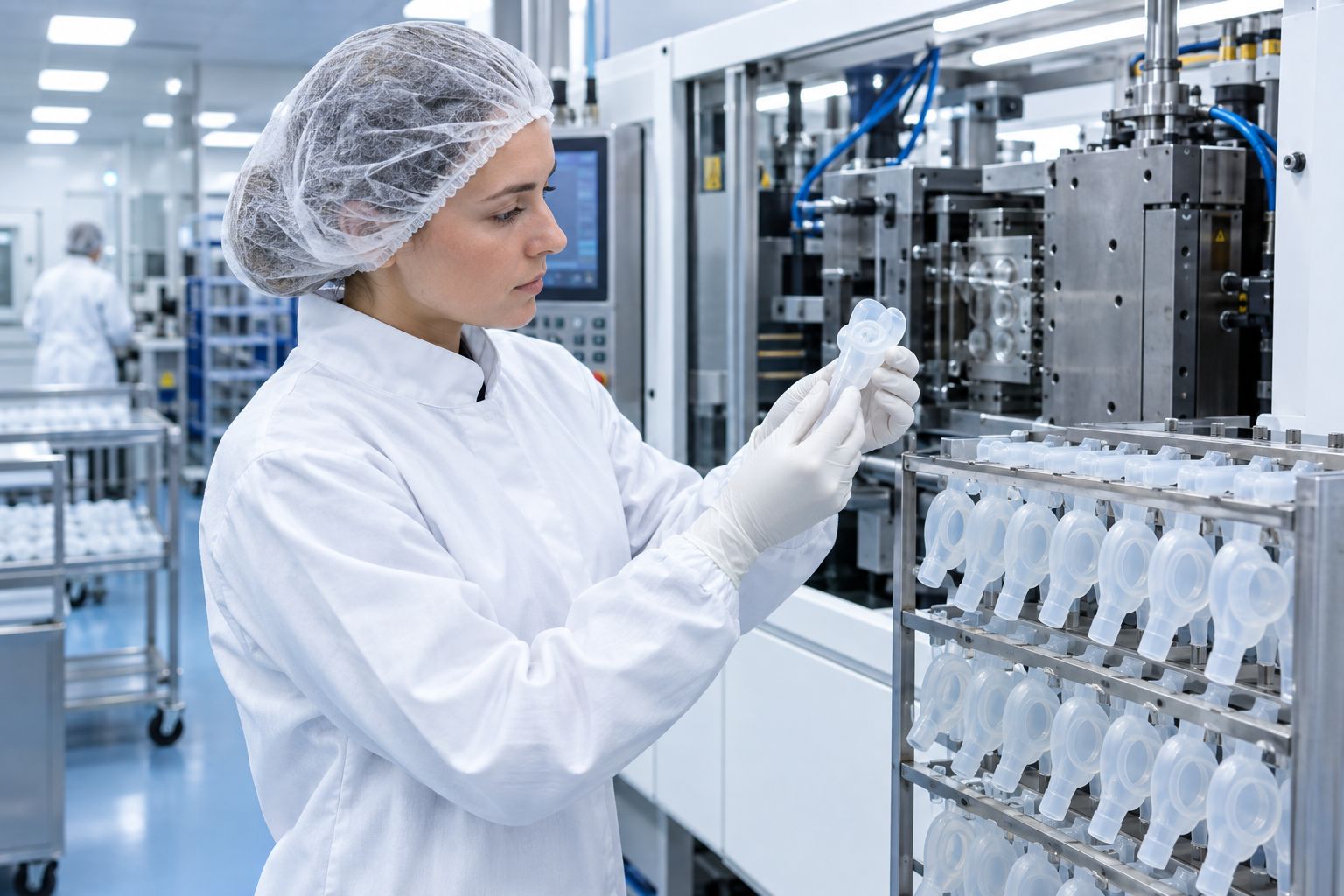 Technician in cleanroom whites inspecting a clear LSR part beside an injection cell.