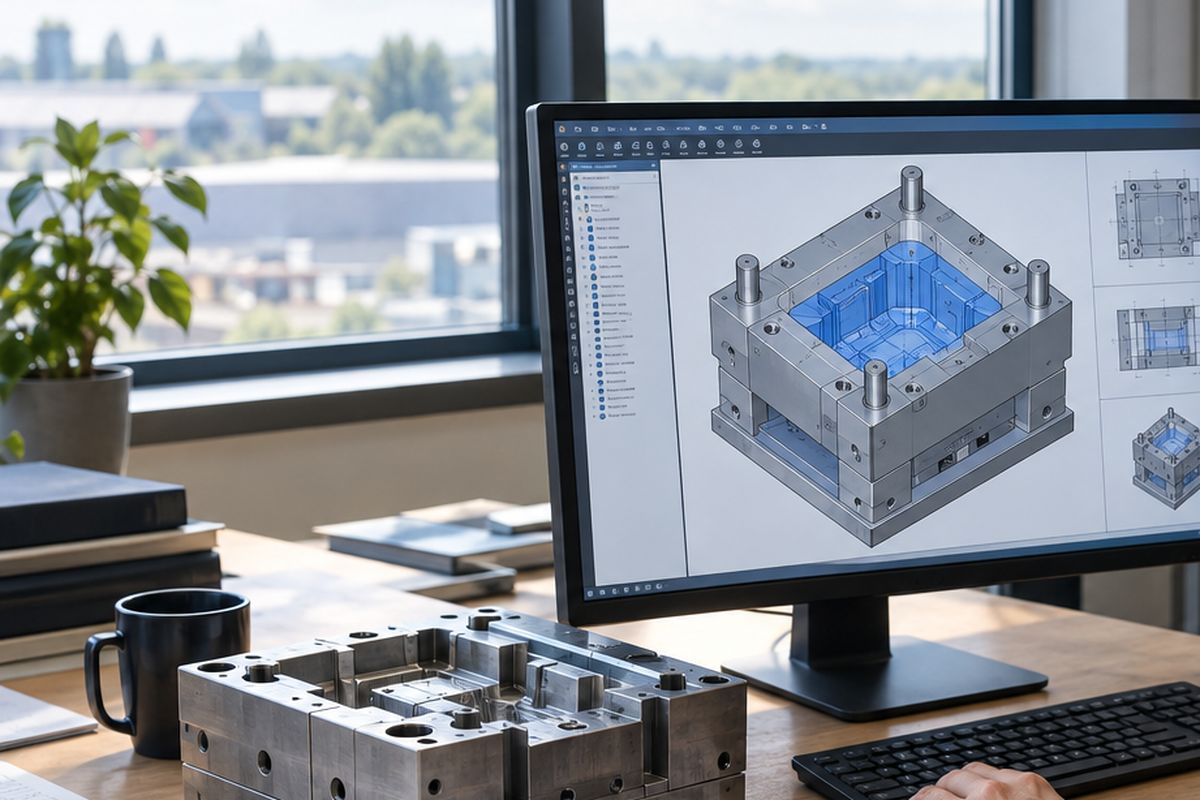 Detail: engineer reviewing a mould tool model in CAD next to a machined tool half.
