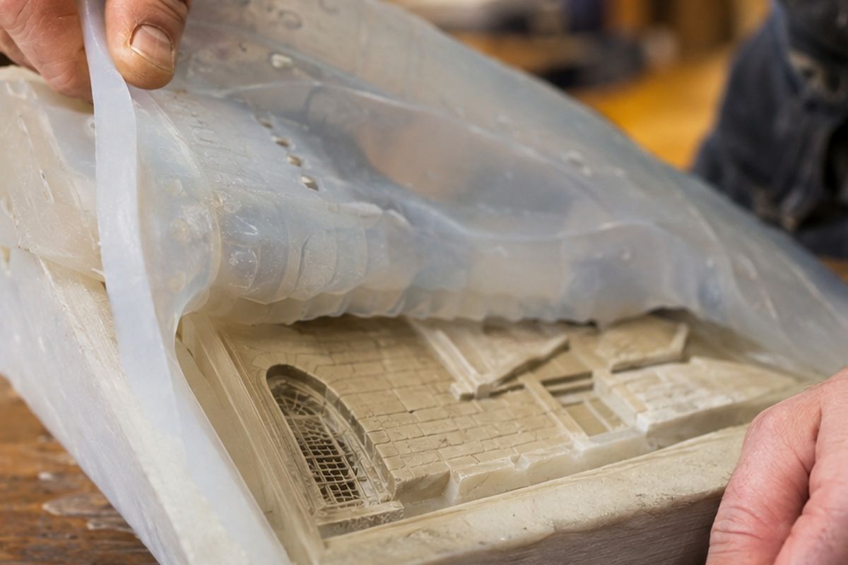 Detail: hands releasing a flexible prototype part from a silicone tool.