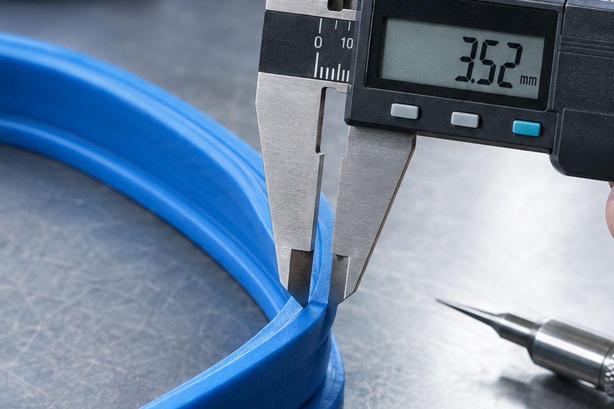 Detail: digital calipers checking the section of a moulded blue silicone seal.