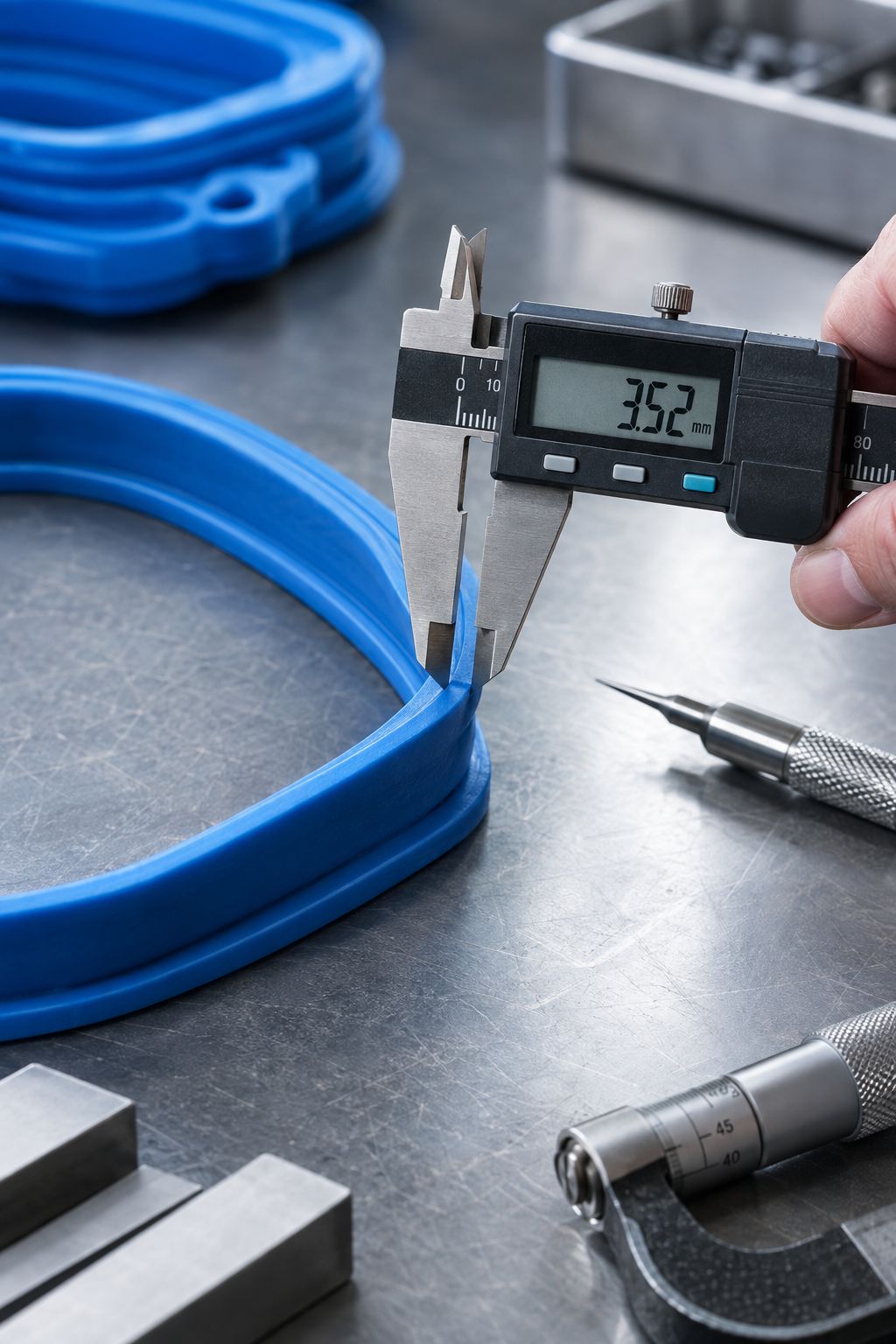 Digital calipers checking the section of a moulded blue silicone seal.
