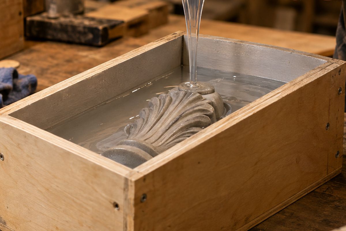 Detail: liquid silicone being poured over a master pattern in a mould box.