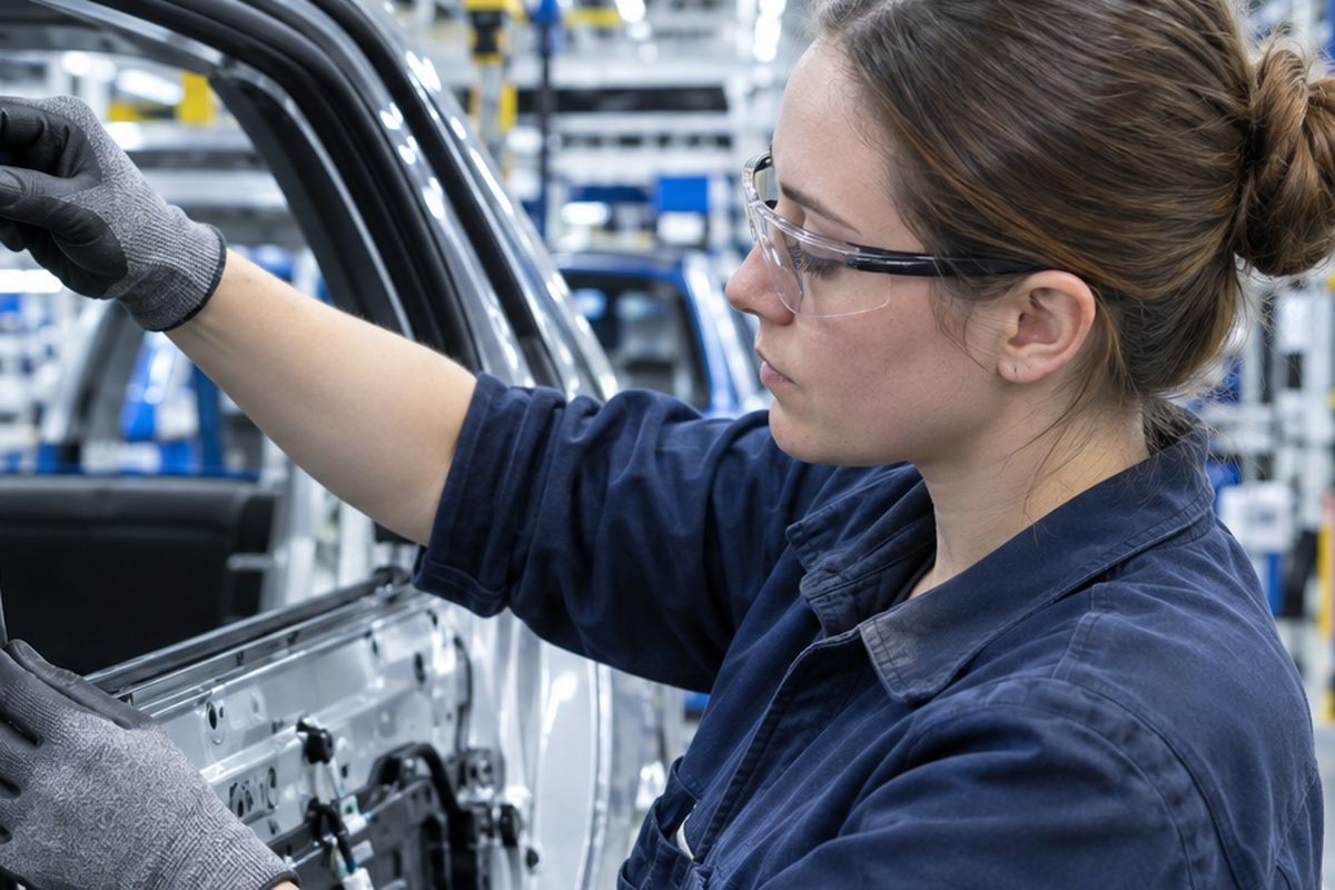 Detail: assembly technician fitting a moulded rubber seal into a vehicle door aperture.