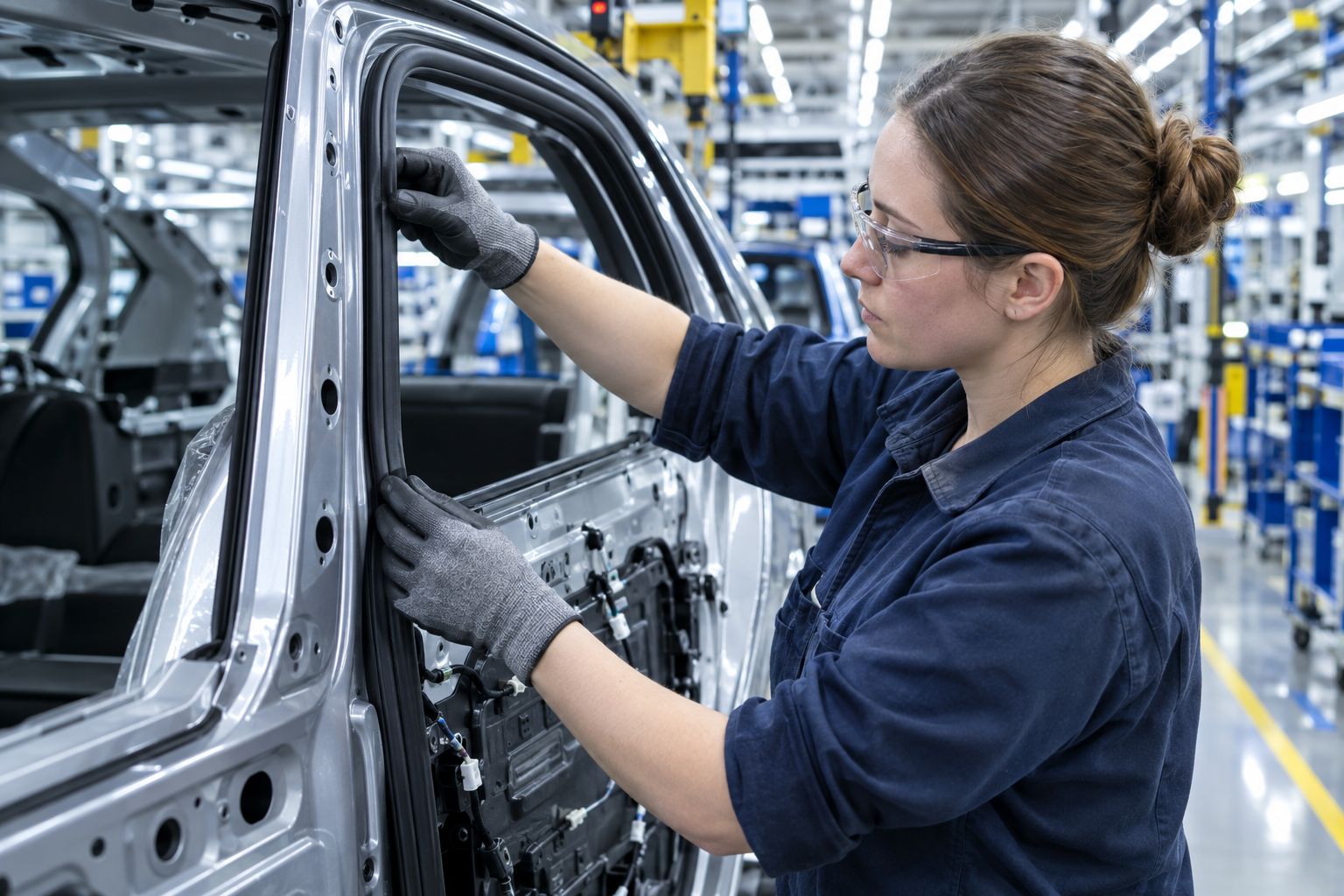 Assembly technician fitting a moulded rubber seal into a vehicle door aperture.