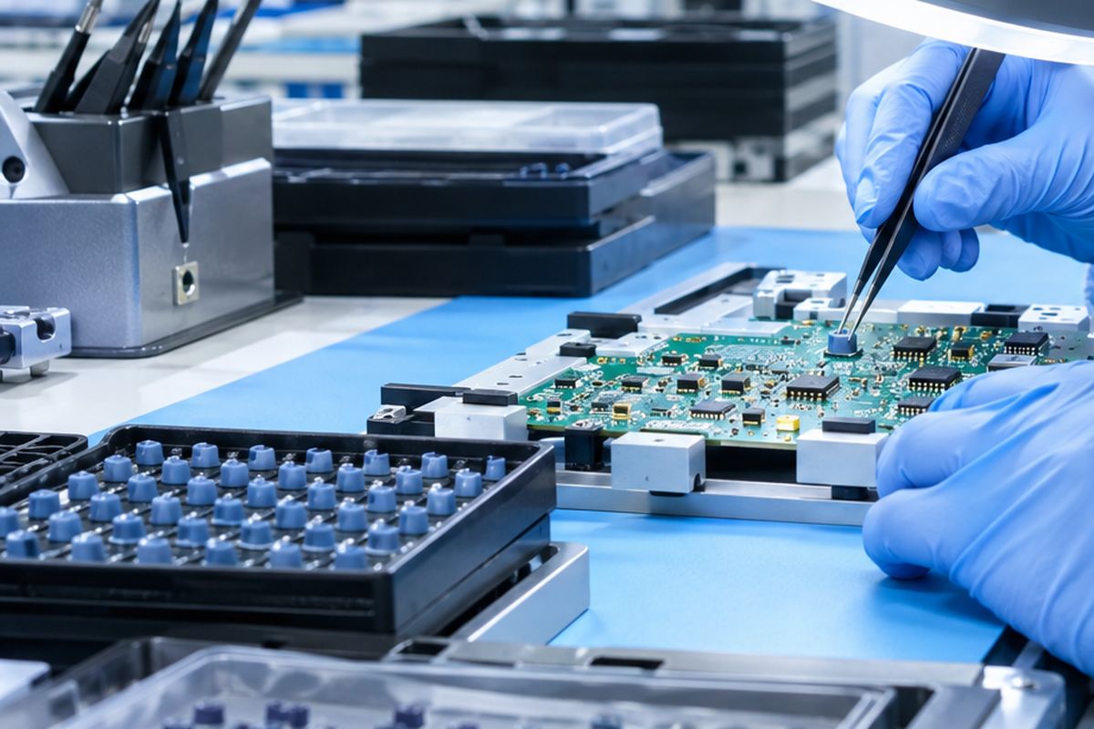Detail: technician placing silicone components onto a printed circuit board assembly.