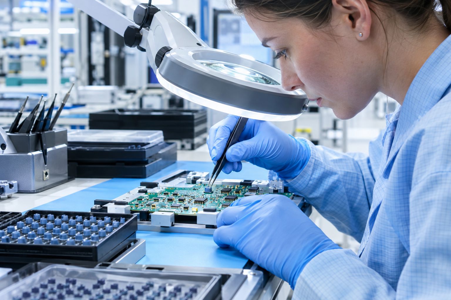 Technician placing silicone components onto a printed circuit board assembly.