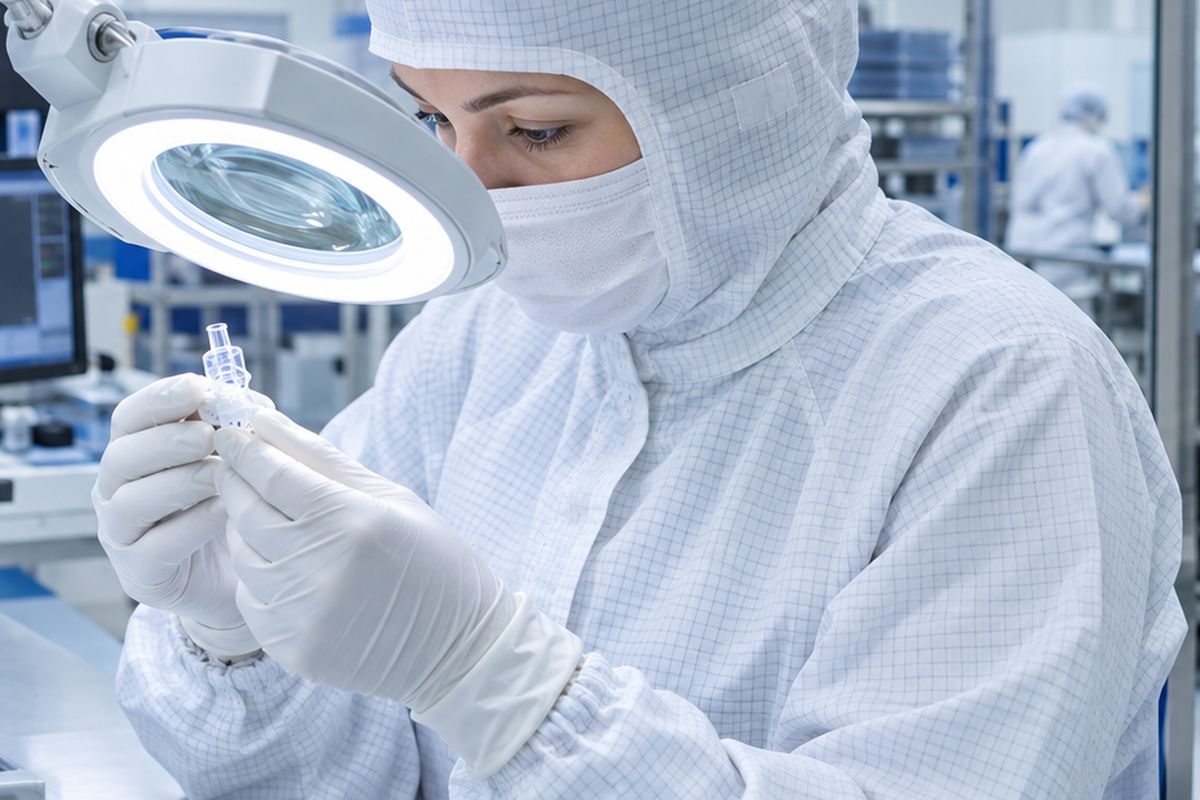 Detail: operator in a gown and mask inspecting silicone medical components under a magnifier.