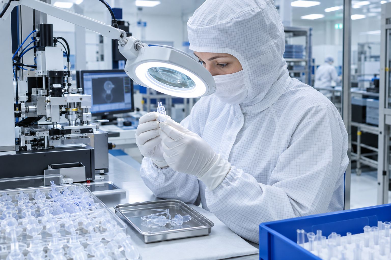 Operator in a gown and mask inspecting silicone medical components under a magnifier.