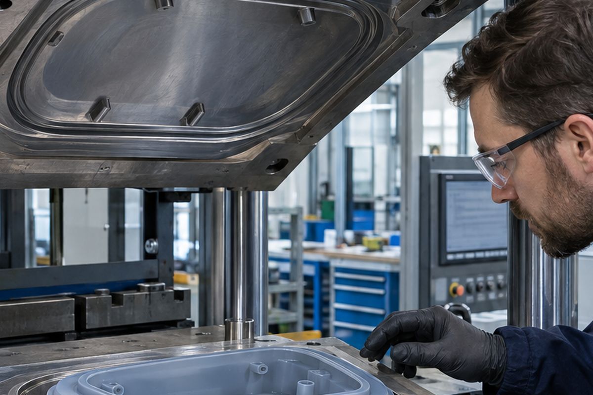 Detail: compression press open with the heated tool halves visible and an operator at the controls.