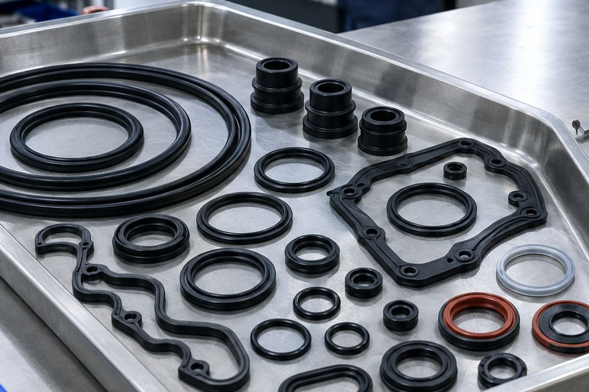 Detail: tray of moulded O-rings, gaskets and profile seals on a stainless inspection bench.