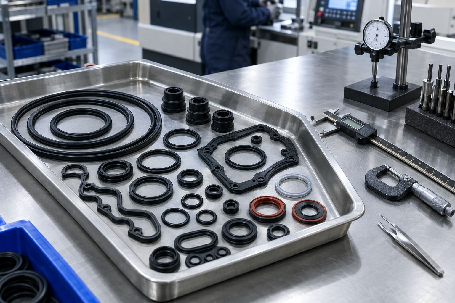 Tray of moulded O-rings, gaskets and profile seals on a stainless inspection bench.