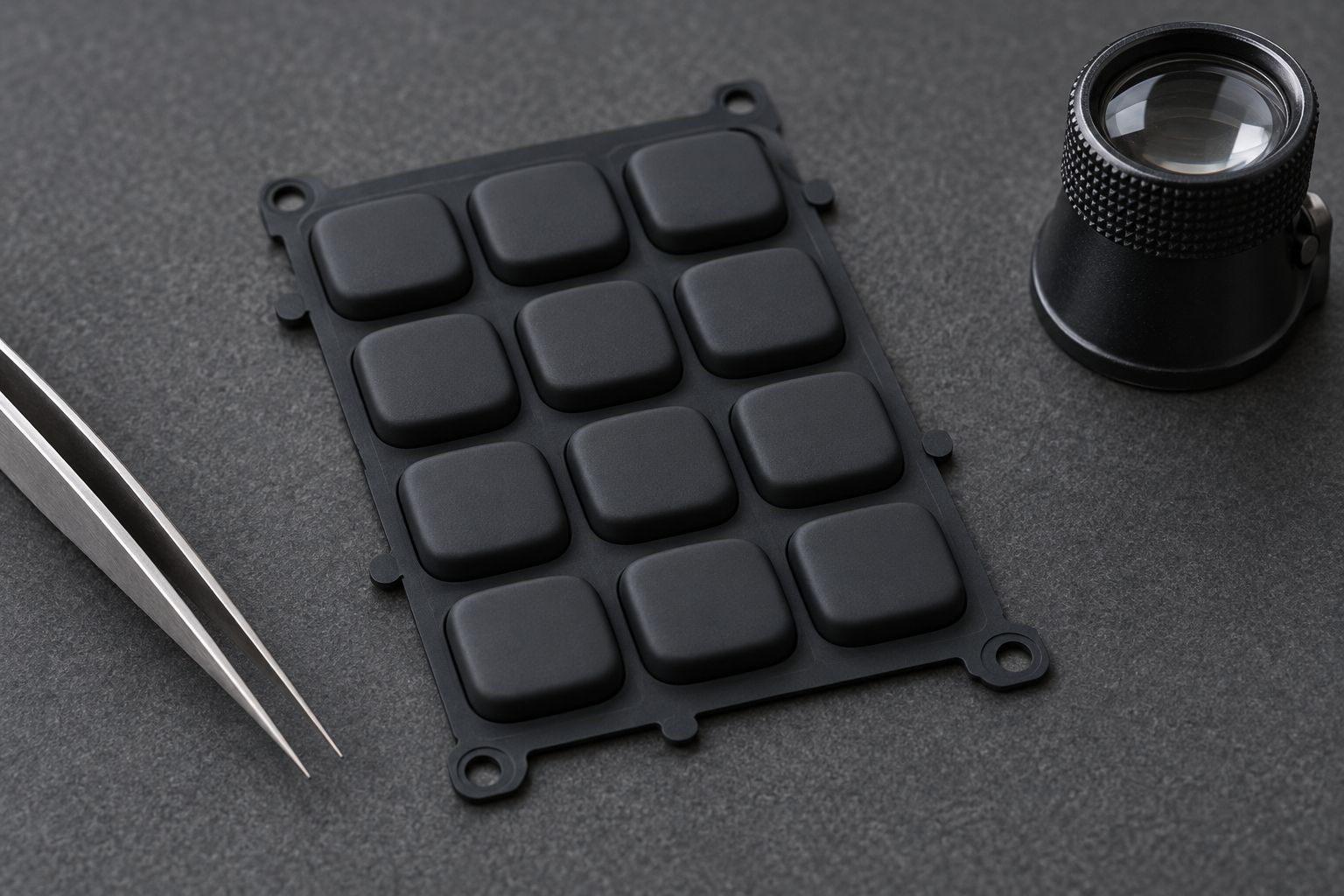 Moulded black silicone keypad with raised legends on a workbench.