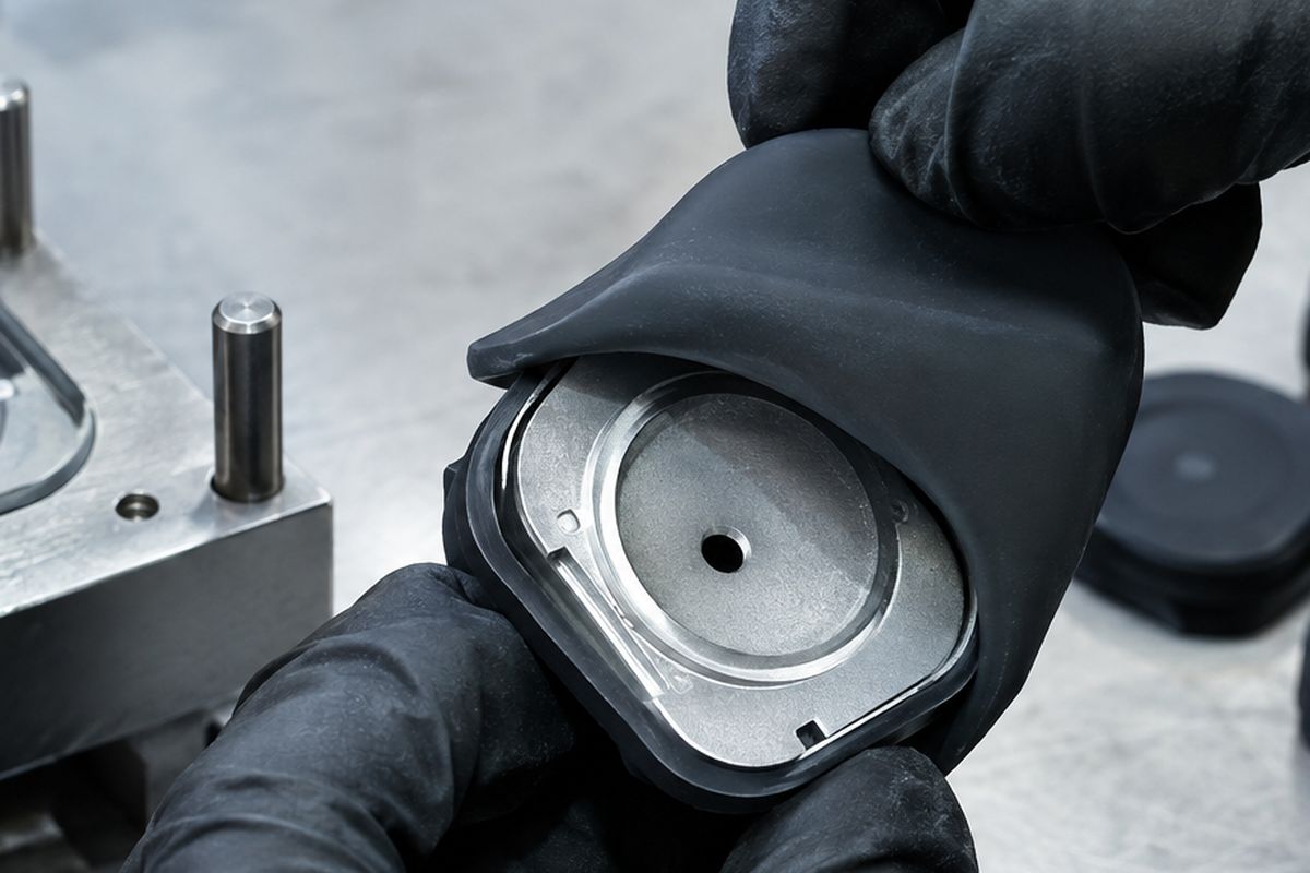 Detail: gloved hand holding a metal substrate overmoulded with black silicone beside the tool.