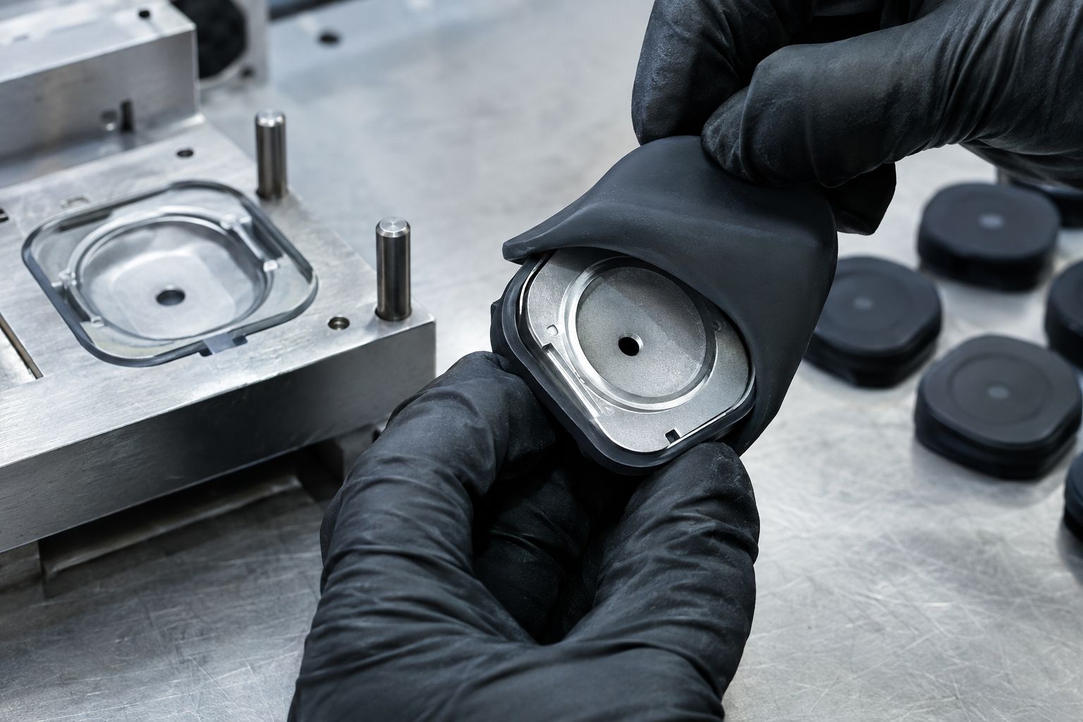 Gloved hand holding a metal substrate overmoulded with black silicone beside the tool.