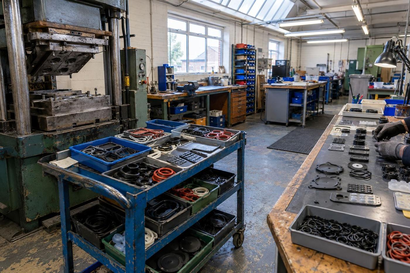 Workshop areas with moulded silicone parts for varied industrial applications