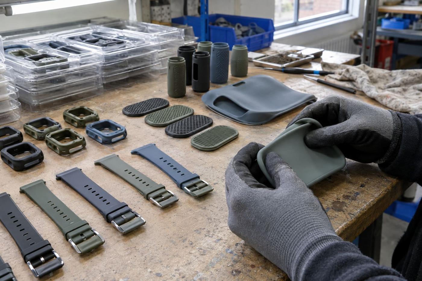 Silicone consumer product parts being checked for finish and consistency