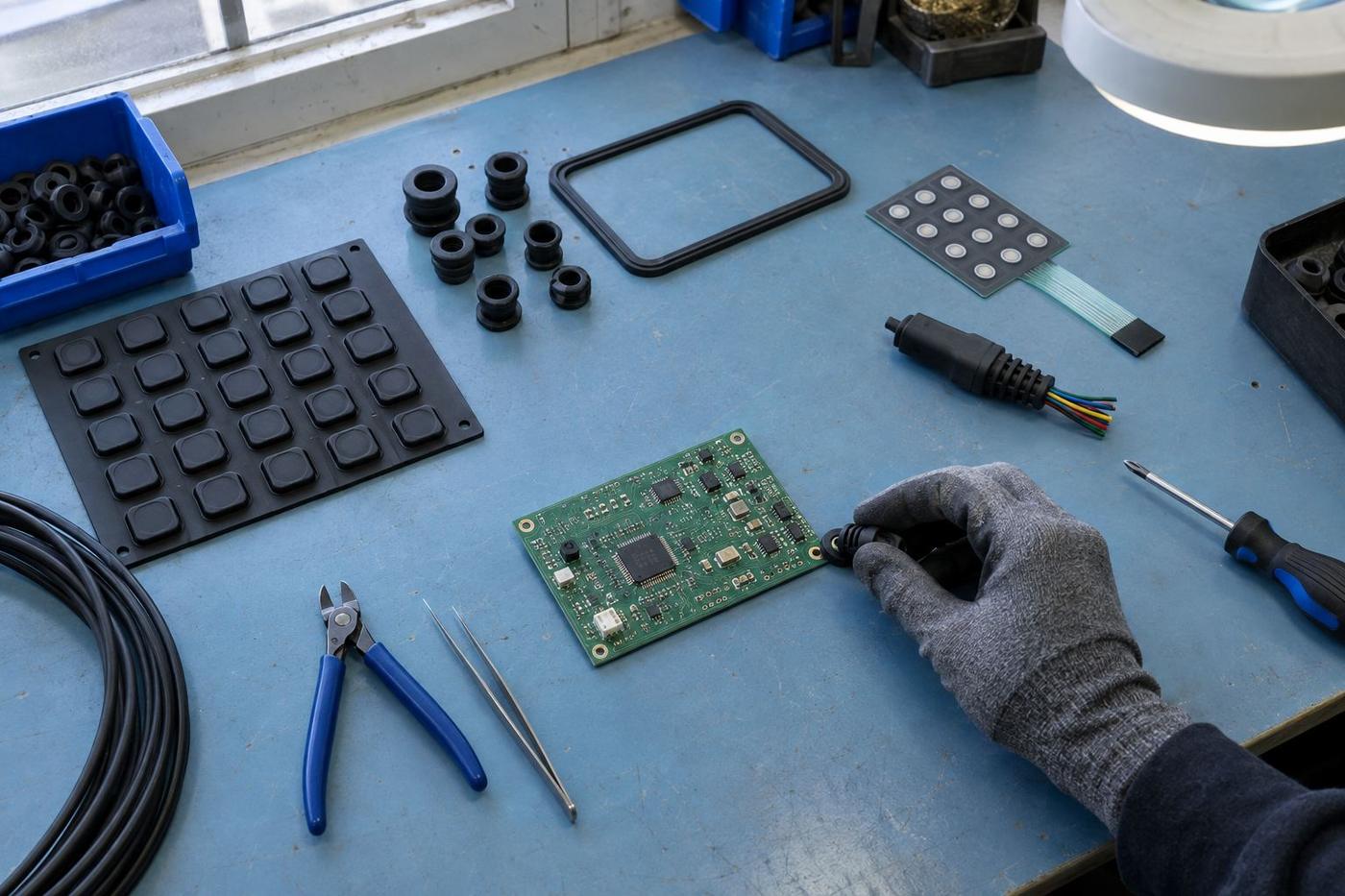Overhead view of silicone keypad, seals and cable grommets for electronics