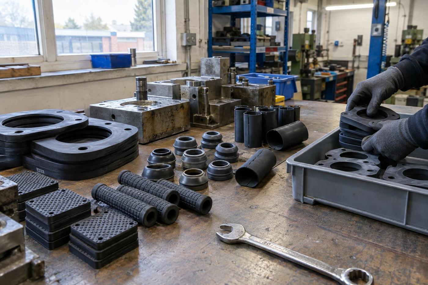 Industrial silicone and rubber assembly parts on a factory bench