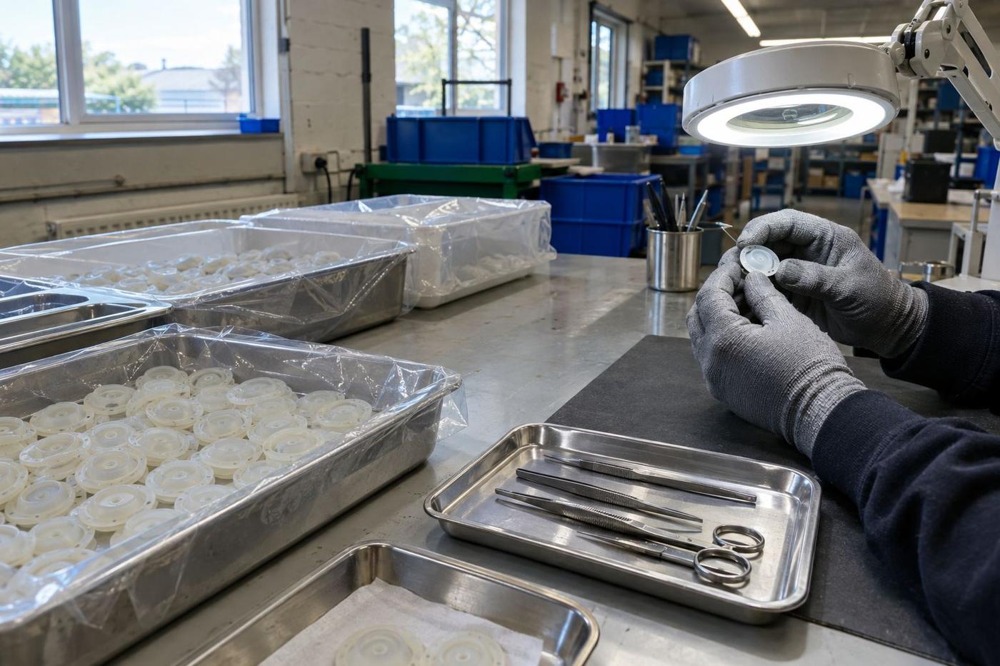 Gloved inspection of silicone medical device components on a clean bench