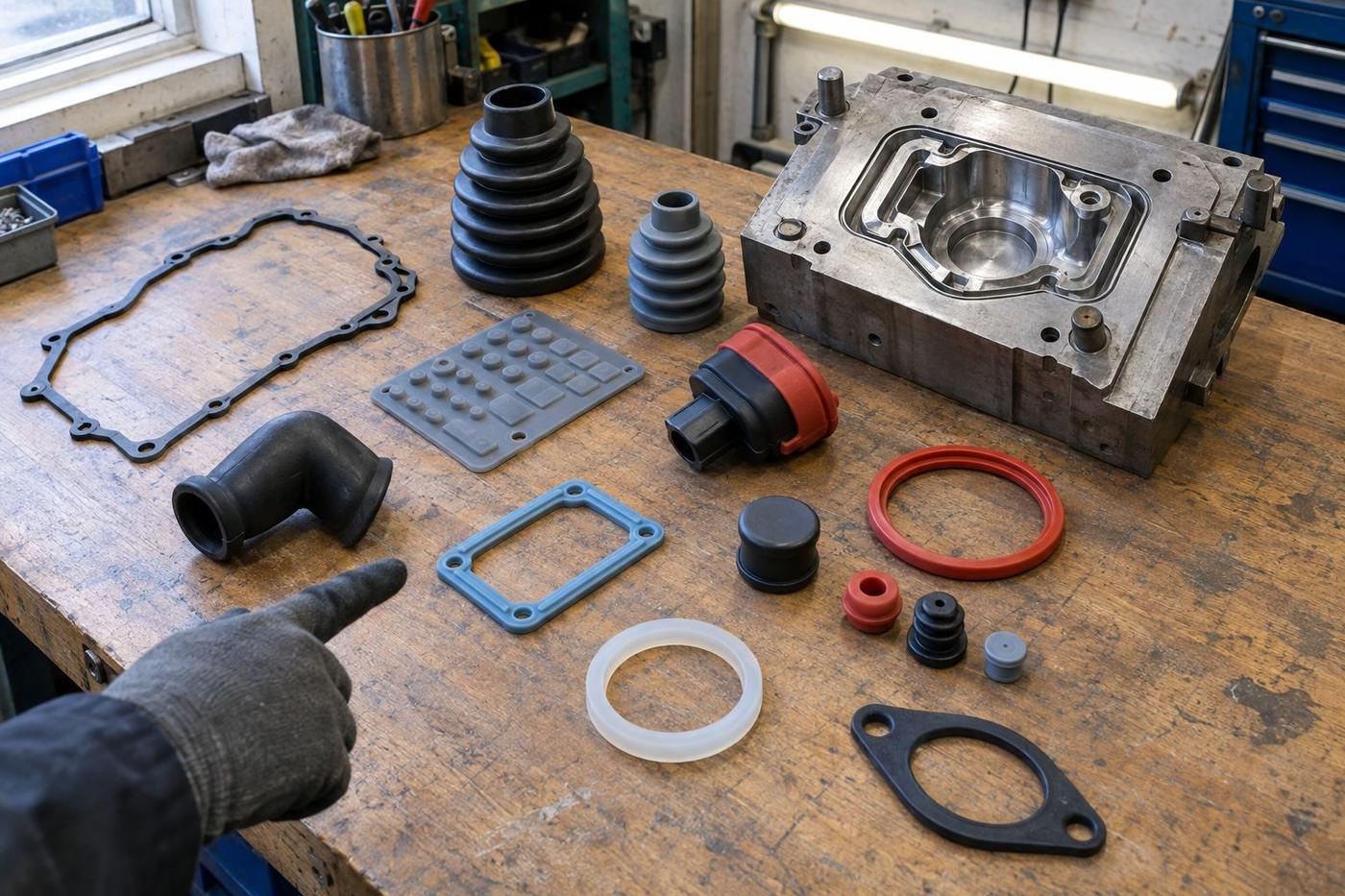 Mixed OEM silicone and rubber components beside steel tooling