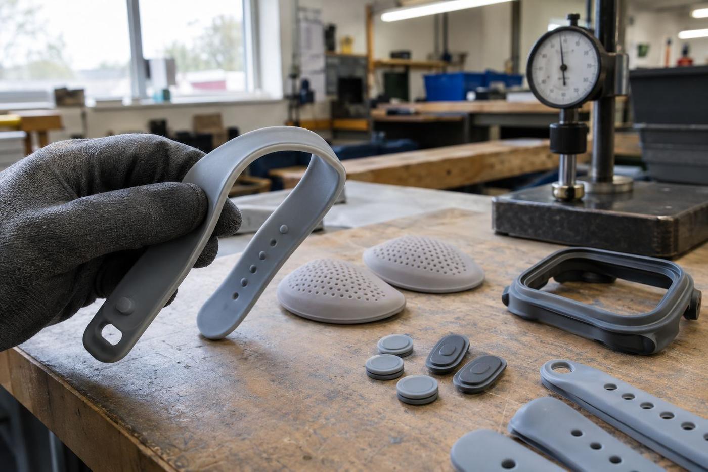 Soft silicone wearable parts with straps and skin-contact components