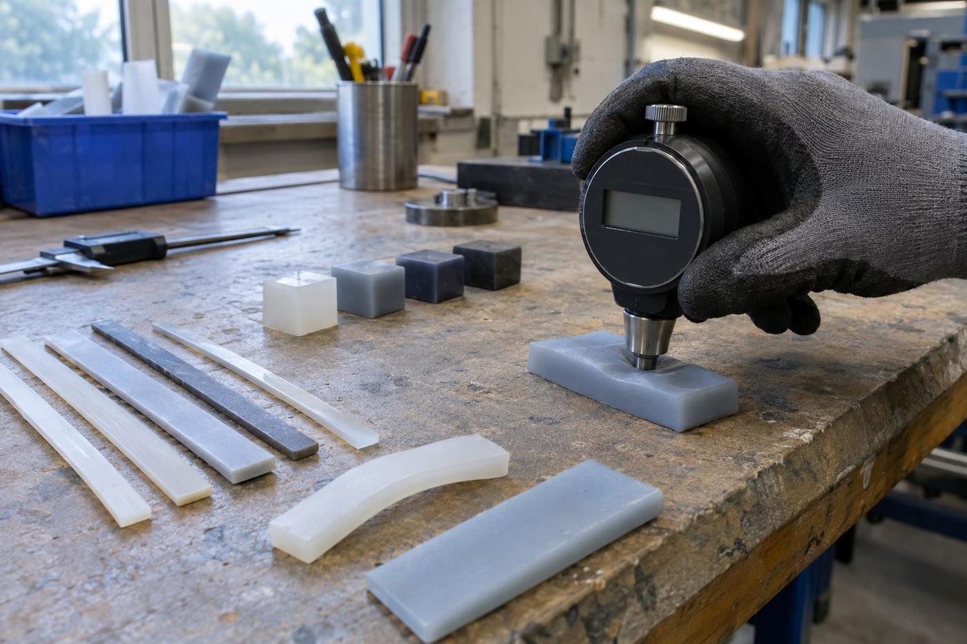 Durometer testing silicone samples of different hardness on a workbench