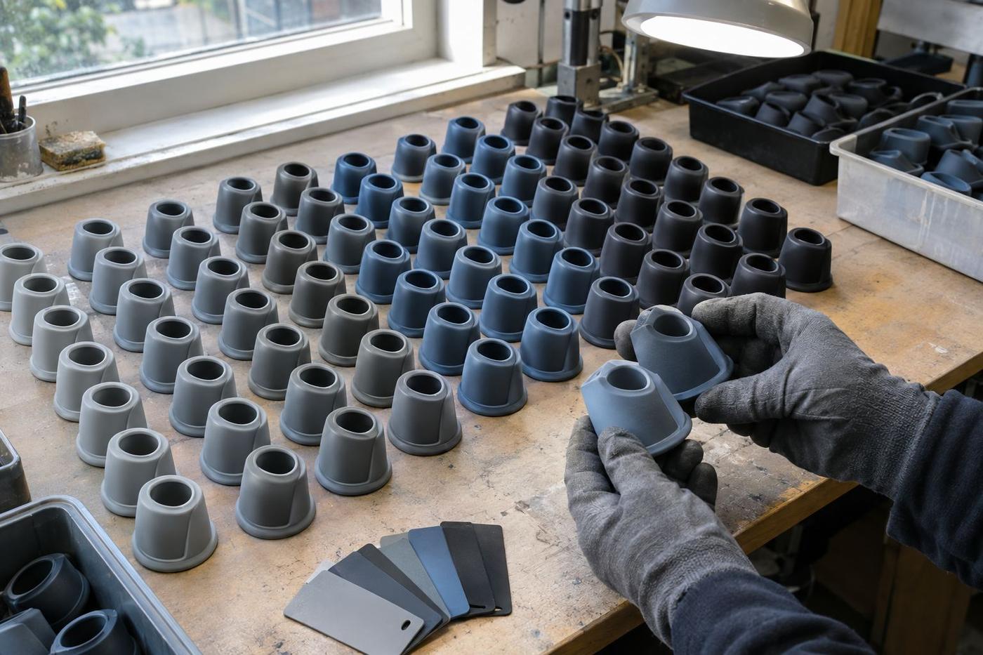 Rows of silicone parts being compared for colour consistency