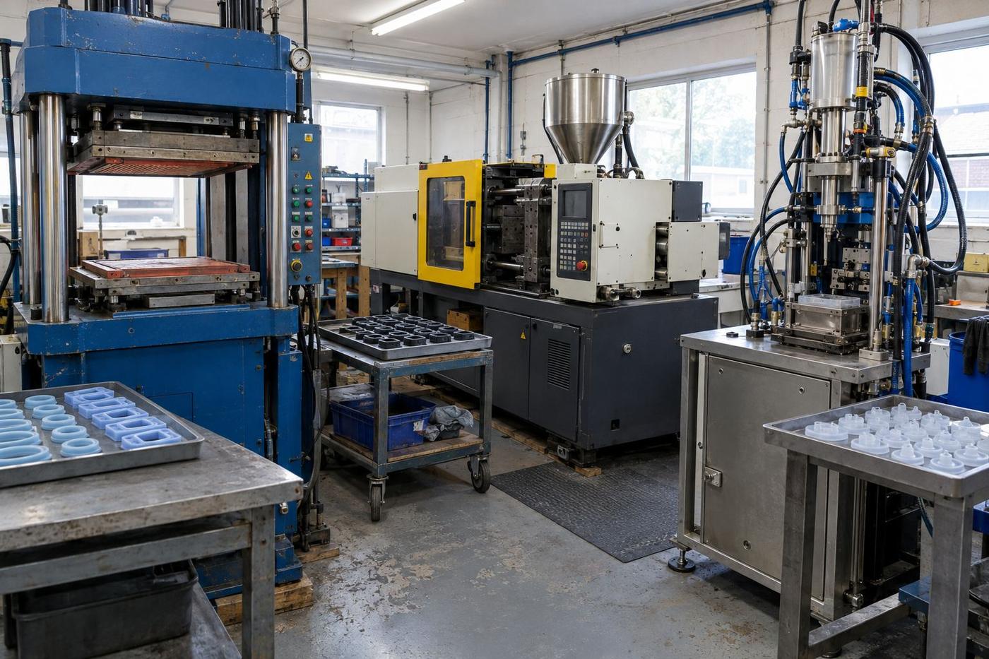 Factory floor showing compression, injection and LSR moulding equipment
