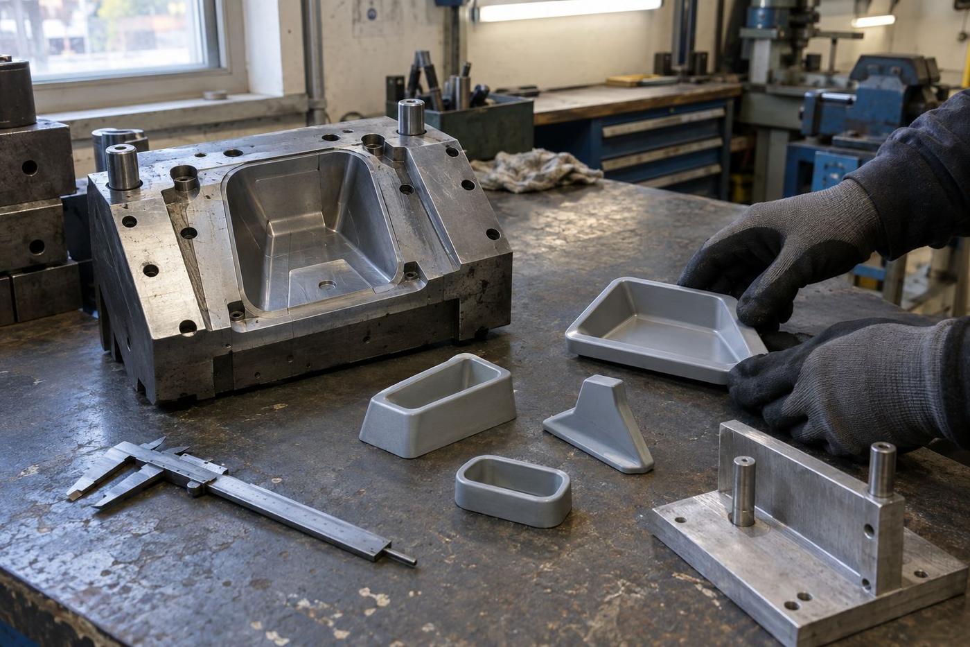 Mould tool and sample silicone parts showing design-for-volume considerations