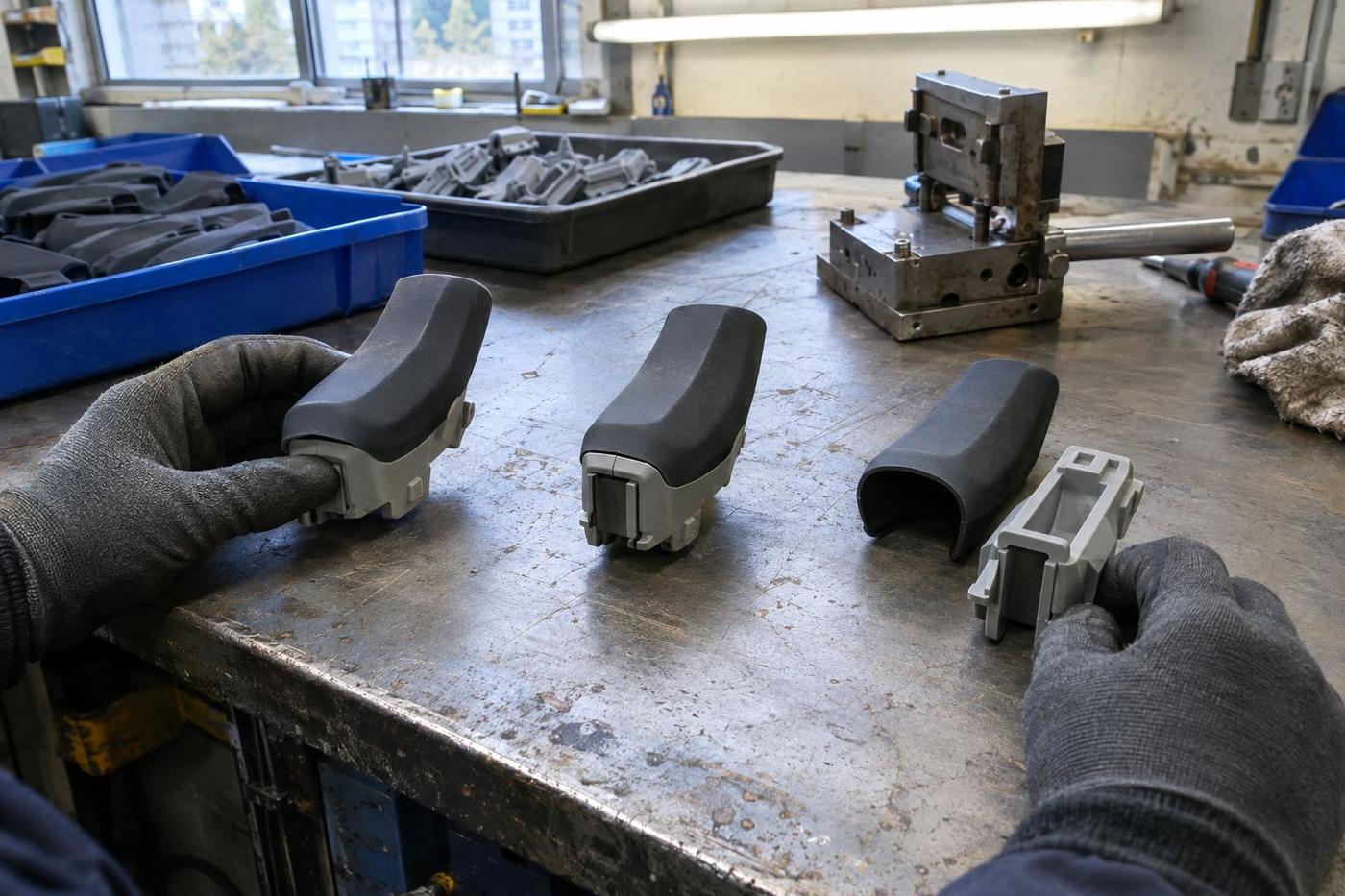 Gloved hands comparing overmoulded, bonded and separate silicone component assemblies.