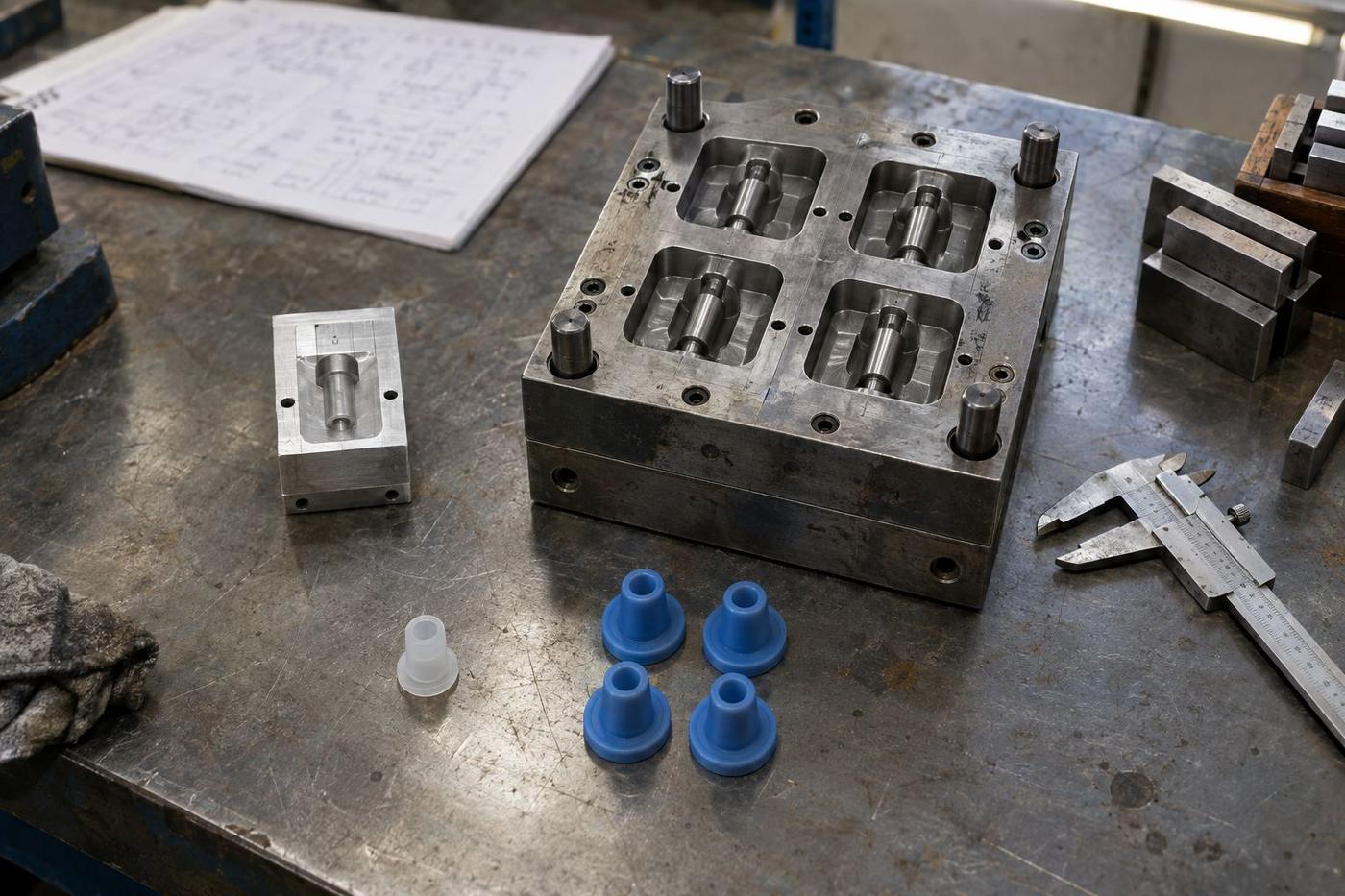 Prototype and production tooling parts laid out on a workshop bench.