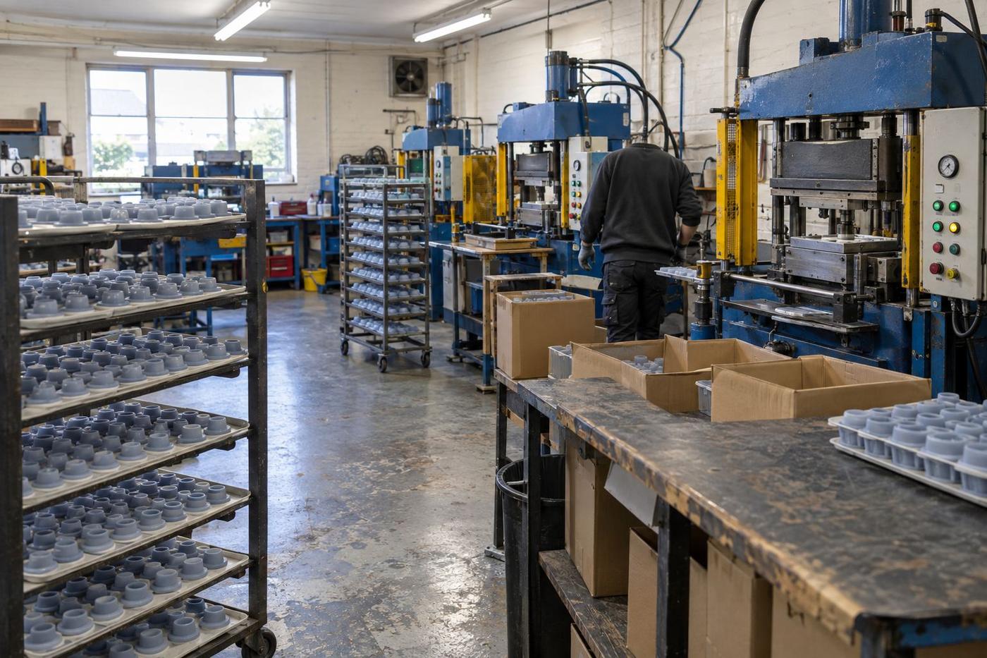 Moulding presses and trays of identical silicone parts during a volume run.